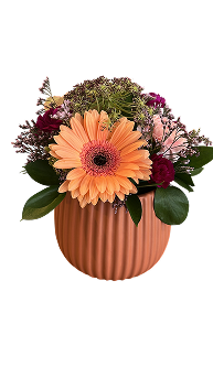 orange gerbera arrangement, ceramic vase, Brossard florist