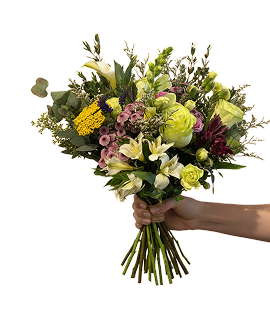 yellow rose white lily bouquet, hand-tied, Brossard florist