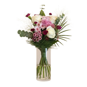 pink burgundy tropical bouquet, palm accent, Brossard florist