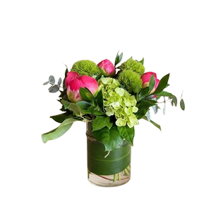 green hydrangea pink accent arrangement, Brossard florist