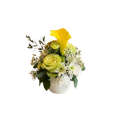 yellow white mixed arrangement, white pot, Brossard florist
