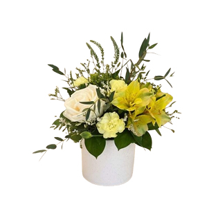 yellow white rose arrangement, white pot, Brossard florist