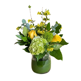 yellow rose green hydrangea arrangement, Brossard florist
