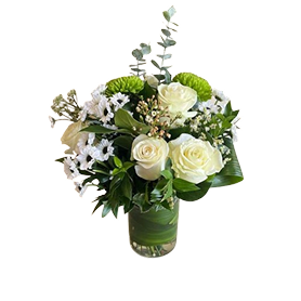 white rose hydrangea arrangement, glass vase, Brossard florist