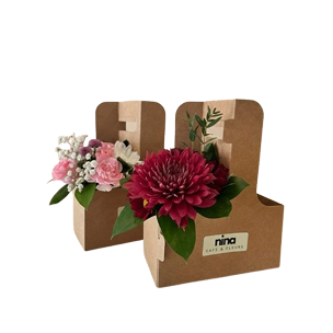 burgundy dahlia caddy bouquet, kraft carrier, Brossard florist