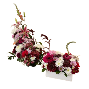 burgundy cascade floral arrangement, statement piece, Brossard florist