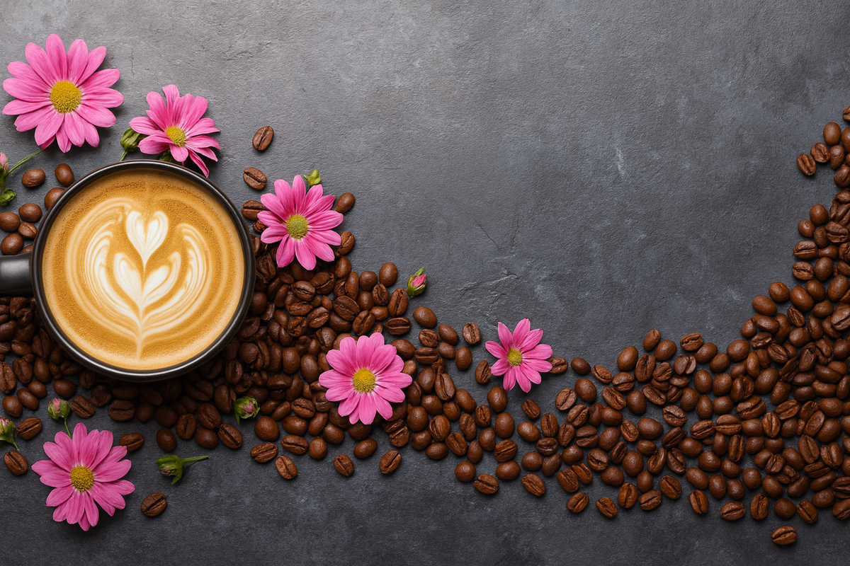 Cup of coffee with latte art surrounded by pink flowers and coffee beans at Nina Café Fleurs